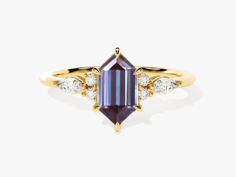 Long Hexagon Lab Alexandrite Engagement Ring with Marquise Moissanite Sidestones