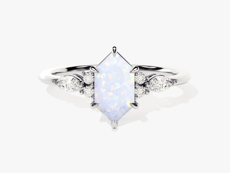 Long Hexagon Opal Engagement Ring with Marquise Moissanite Sidestones
