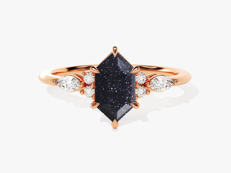 Long Hexagon Blue Sandstone Engagement Ring with Marquise Moissanite Sidestones.