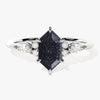 Long Hexagon Blue Sandstone Engagement Ring with Marquise Moissanite Sidestones.