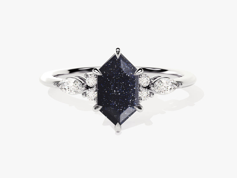 Long Hexagon Blue Sandstone Engagement Ring with Marquise Moissanite Sidestones.