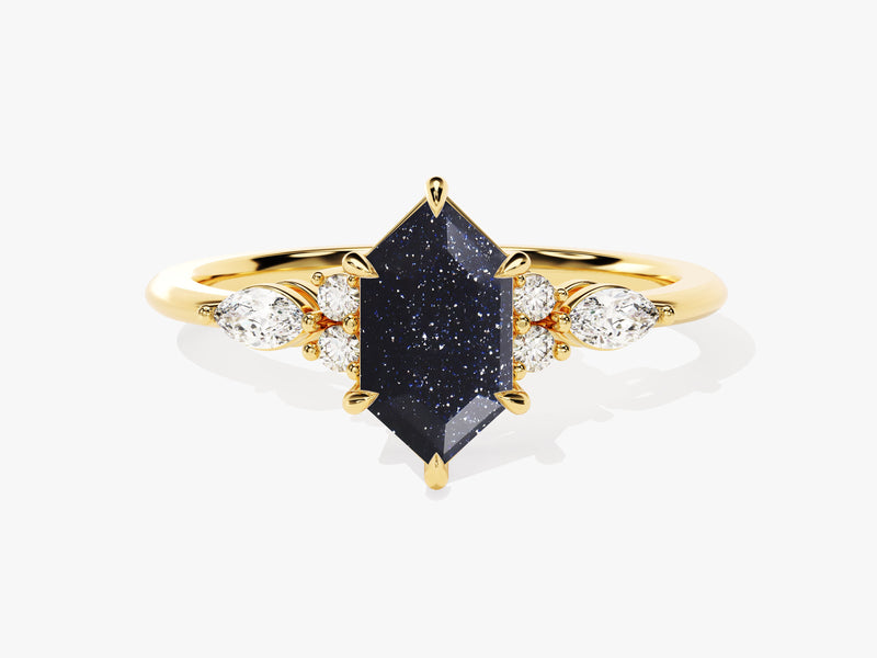 Long Hexagon Blue Sandstone Engagement Ring with Marquise Moissanite Sidestones.