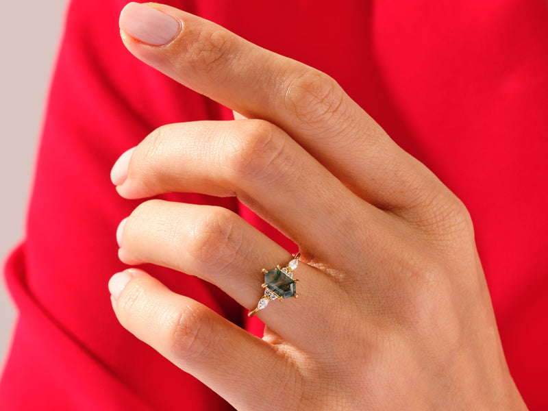 Long Hexagon Moss Agate Engagement Ring with Marquise Moissanite Sidestones