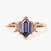 Long Hexagon Lab Alexandrite Engagement Ring with Baguette Moissanite Sidestones