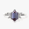 Long Hexagon Lab Alexandrite Engagement Ring with Baguette Moissanite Sidestones