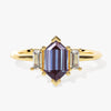 Long Hexagon Lab Alexandrite Engagement Ring with Baguette Moissanite Sidestones