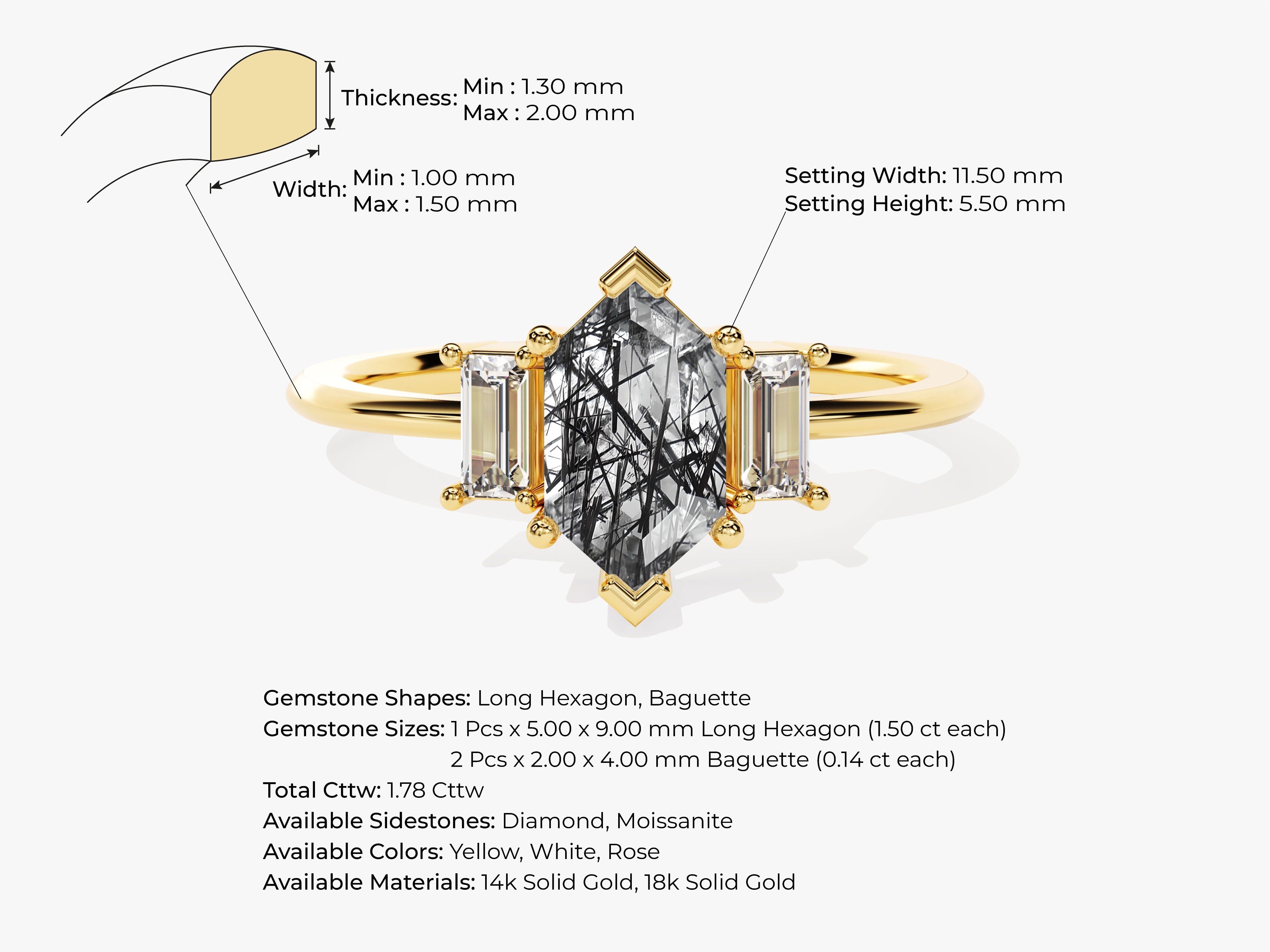 Long Hexagon Black Rutilated Quartz Engagement Ring with Baguette Moissanite Sidestones.