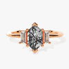 Long Hexagon Black Rutilated Quartz Engagement Ring with Baguette Moissanite Sidestones.