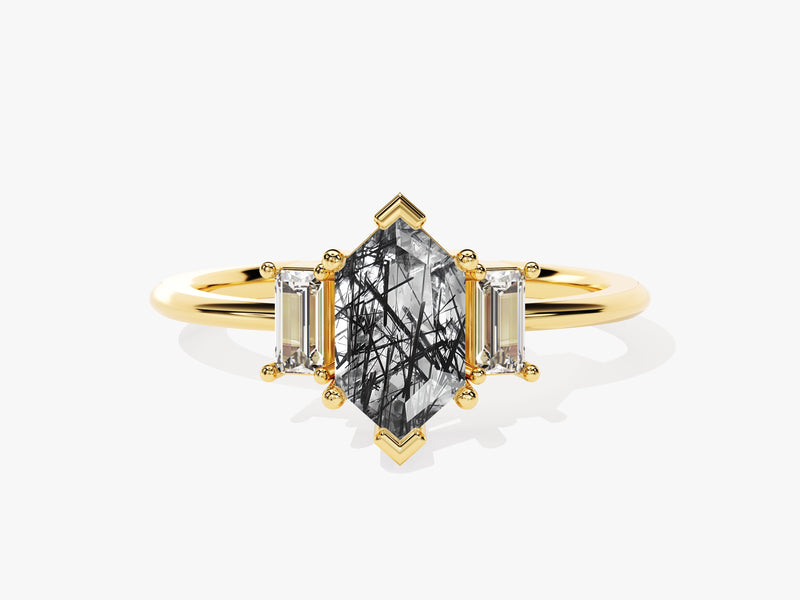 Long Hexagon Black Rutilated Quartz Engagement Ring with Baguette Moissanite Sidestones.