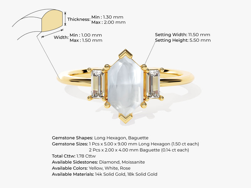 Long Hexagon Moonstone Engagement Ring with Baguette Moissanite Sidestones