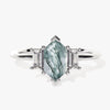 Long Hexagon Moss Agate Engagement Ring with Baguette Moissanite Sidestones
