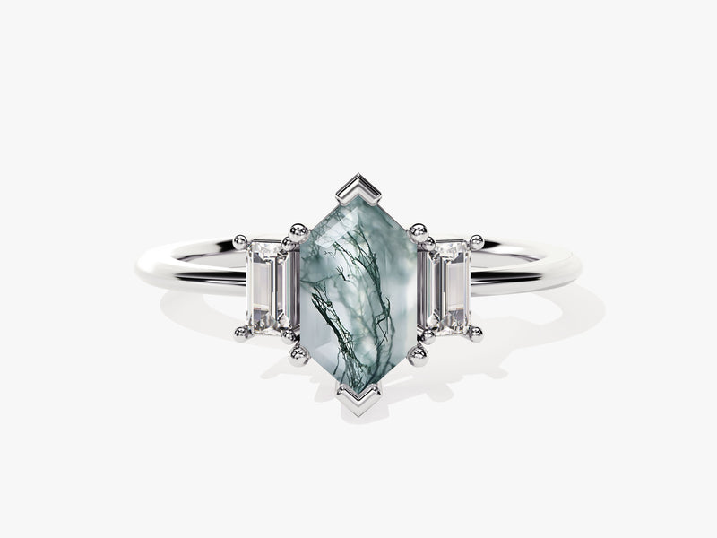Long Hexagon Moss Agate Engagement Ring with Baguette Moissanite Sidestones