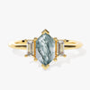 Long Hexagon Moss Agate Engagement Ring with Baguette Moissanite Sidestones