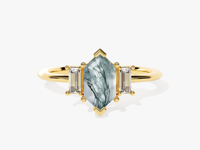 Long Hexagon Moss Agate Engagement Ring with Baguette Moissanite Sidestones