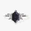 Long Hexagon Blue Sandstone Engagement Ring with Baguette Moissanite Sidestones.