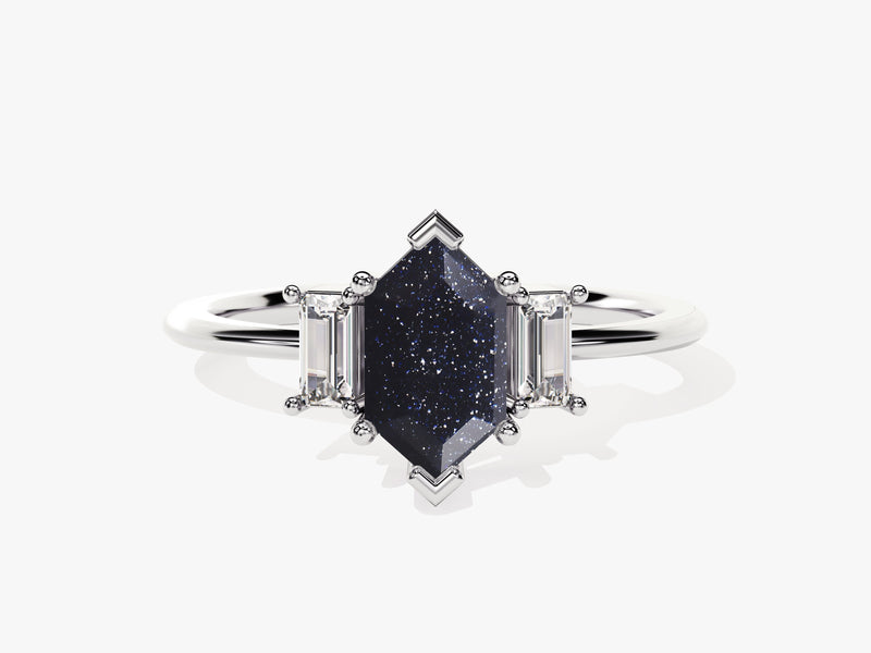 Long Hexagon Blue Sandstone Engagement Ring with Baguette Moissanite Sidestones.