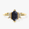 Long Hexagon Blue Sandstone Engagement Ring with Baguette Moissanite Sidestones.
