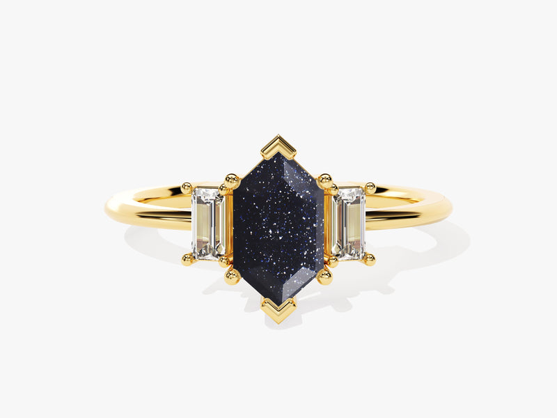 Long Hexagon Blue Sandstone Engagement Ring with Baguette Moissanite Sidestones.