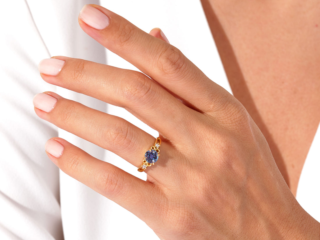 Art Deco Lab Alexandrite Engagement Ring with Moissanite Sidestones