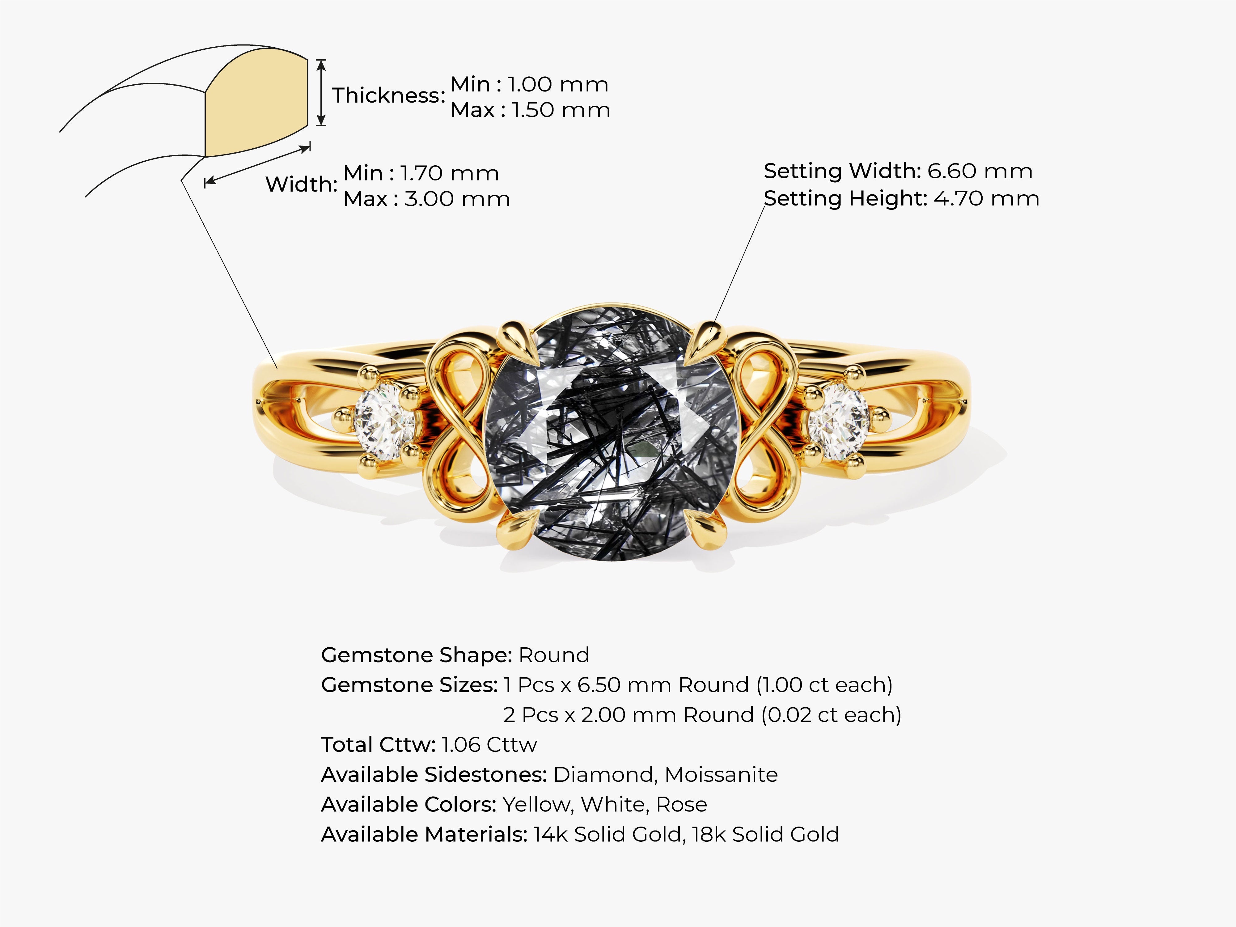 Art Deco Black Rutilated Quartz Engagement Ring with Moissanite Sidestones.