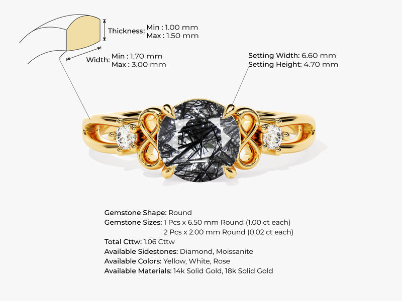 Art Deco Black Rutilated Quartz Engagement Ring with Moissanite Sidestones.