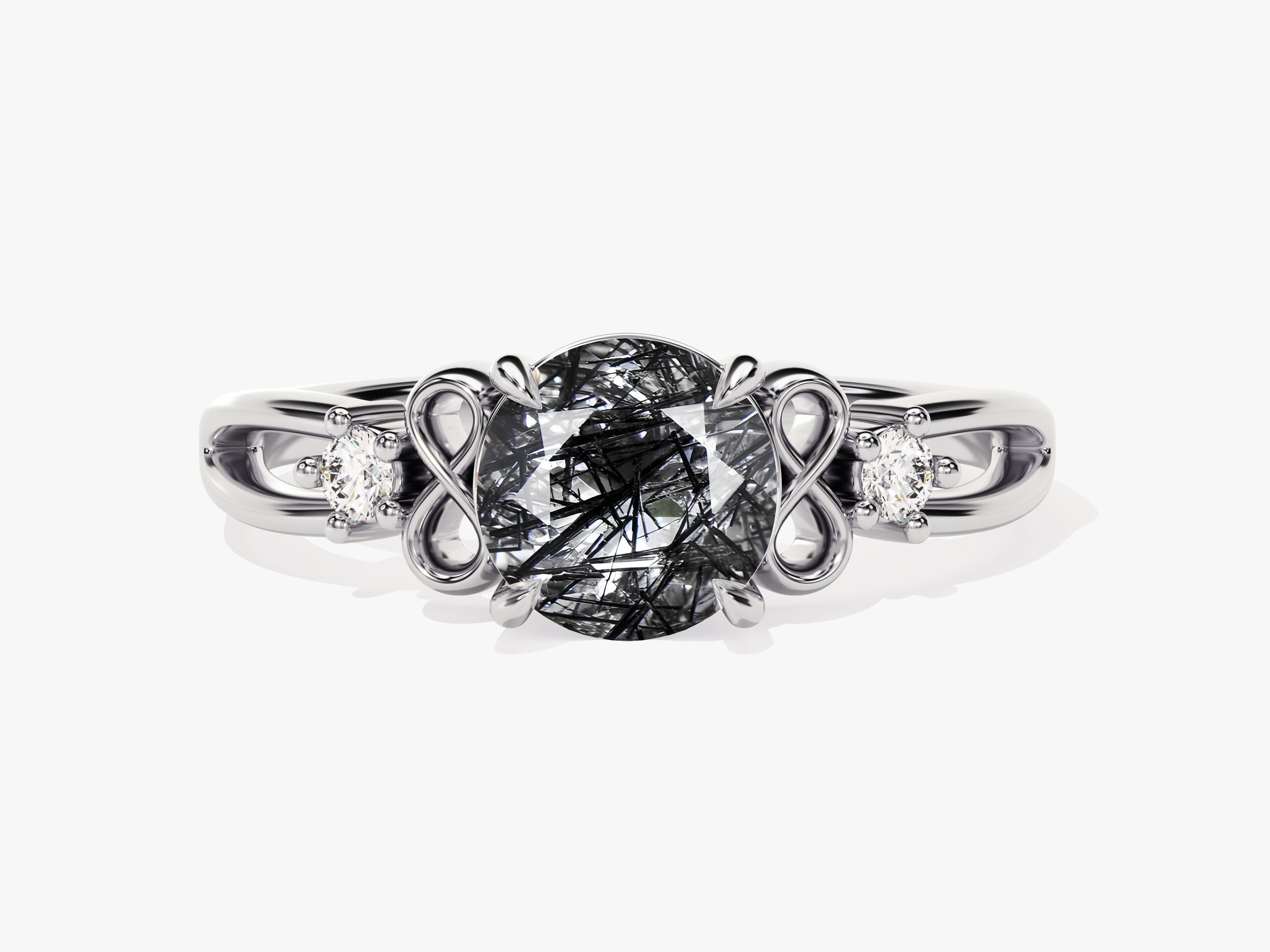 Art Deco Black Rutilated Quartz Engagement Ring with Moissanite Sidestones.