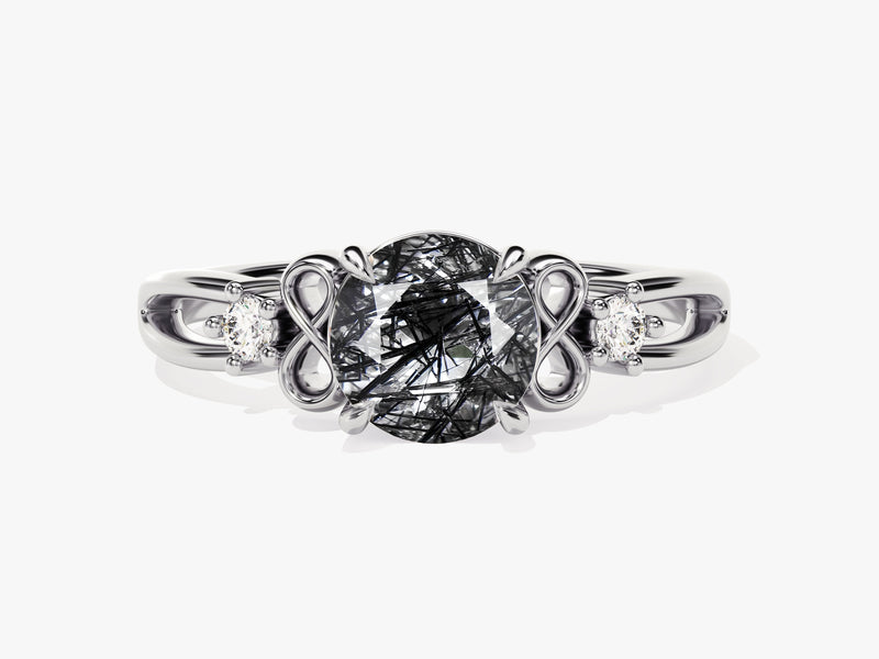 Art Deco Black Rutilated Quartz Engagement Ring with Moissanite Sidestones.