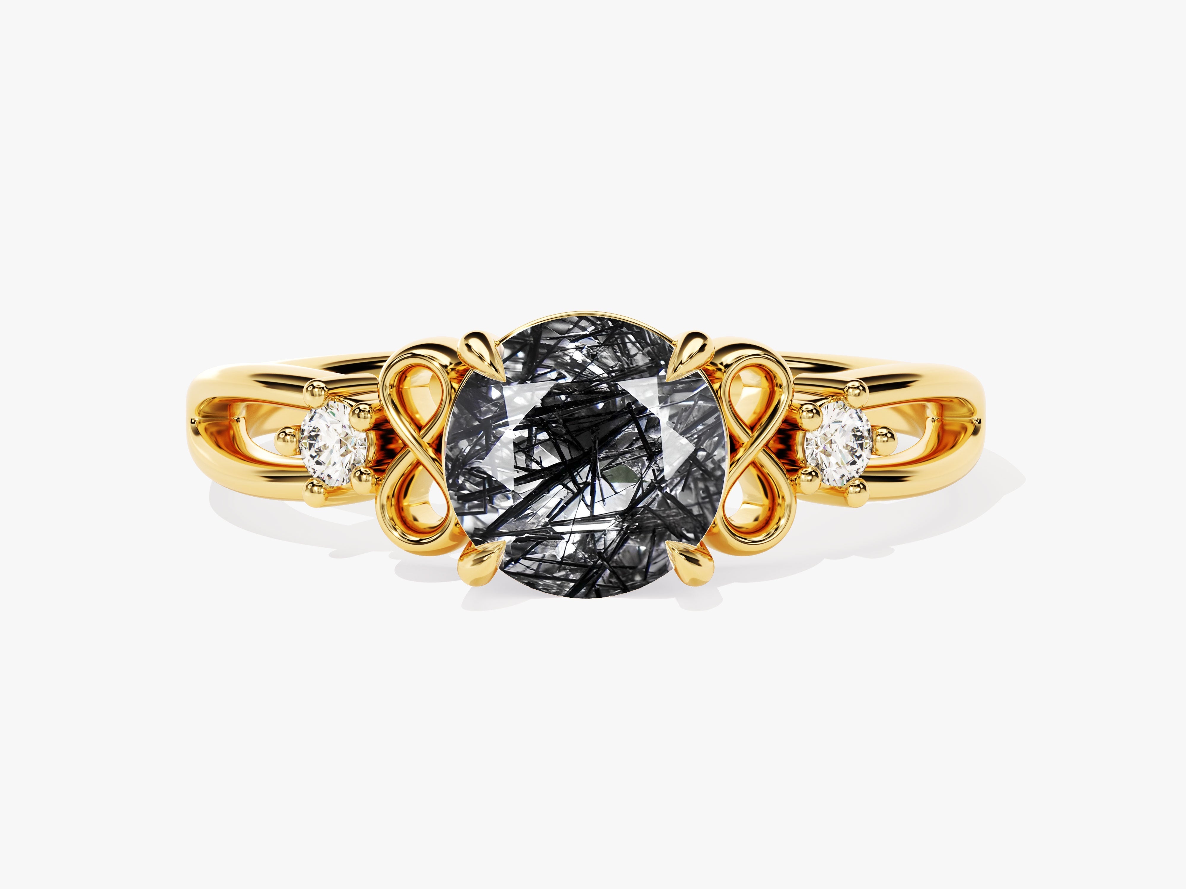 Art Deco Black Rutilated Quartz Engagement Ring with Moissanite Sidestones.