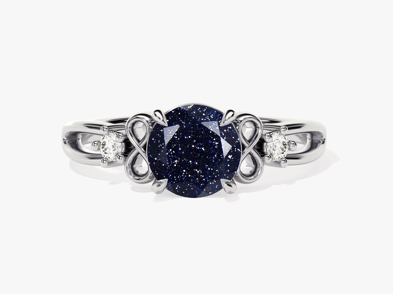 Art Deco Blue Sandstone Engagement Ring with Moissanite Sidestones.