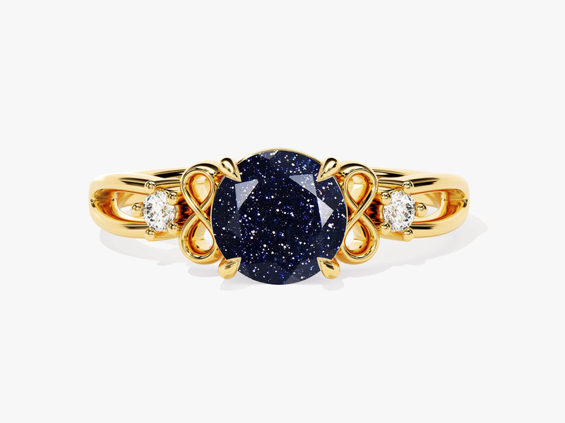 Art Deco Blue Sandstone Engagement Ring with Moissanite Sidestones.