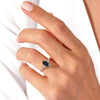 Long Hexagon Blue Sandstone Engagement Ring with Pave Set Moissanite Sidestones.