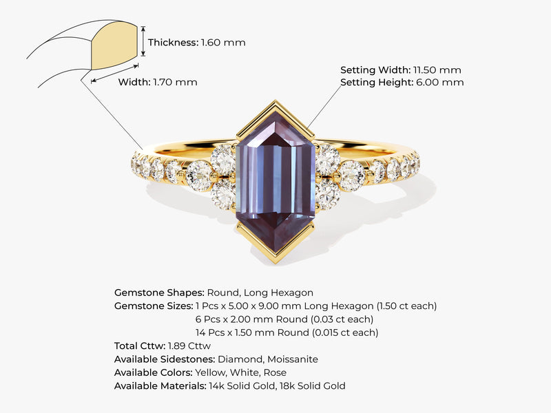 Long Hexagon Lab Alexandrite Engagement Ring with Pave Set Moissanite Sidestones