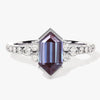Long Hexagon Lab Alexandrite Engagement Ring with Pave Set Moissanite Sidestones