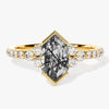 Long Hexagon Black Rutilated Quartz Engagement Ring with Pave Set Moissanite Sidestones