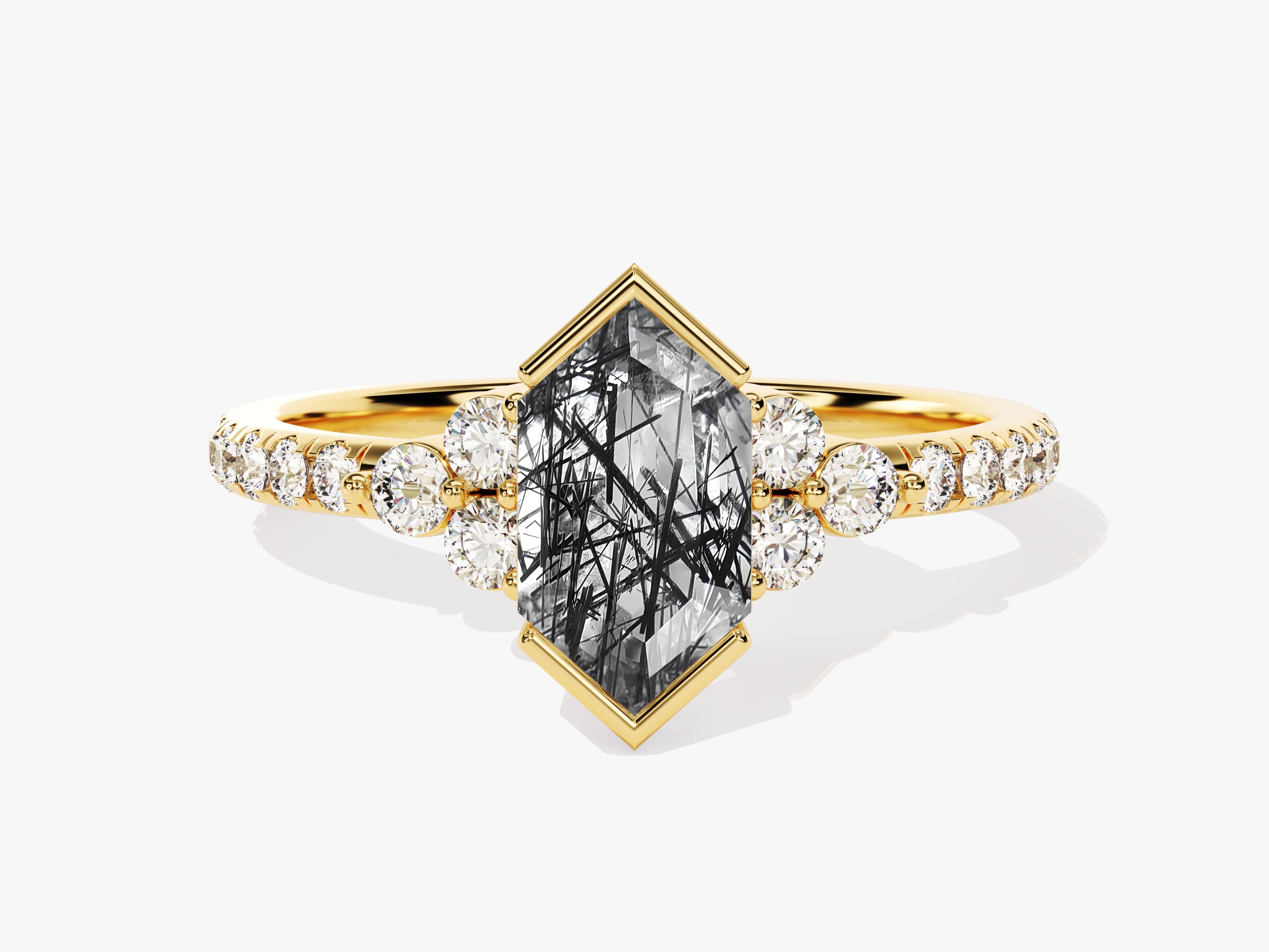 Long Hexagon Black Rutilated Quartz Engagement Ring with Pave Set Moissanite Sidestones
