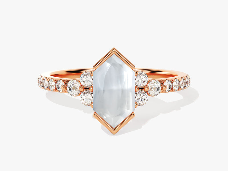 Long Hexagon Moonstone Engagement Ring with Pave Set Moissanite Sidestones
