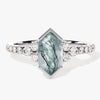 Long Hexagon Moss Agate Engagement Ring with Pave Set Moissanite Sidestones