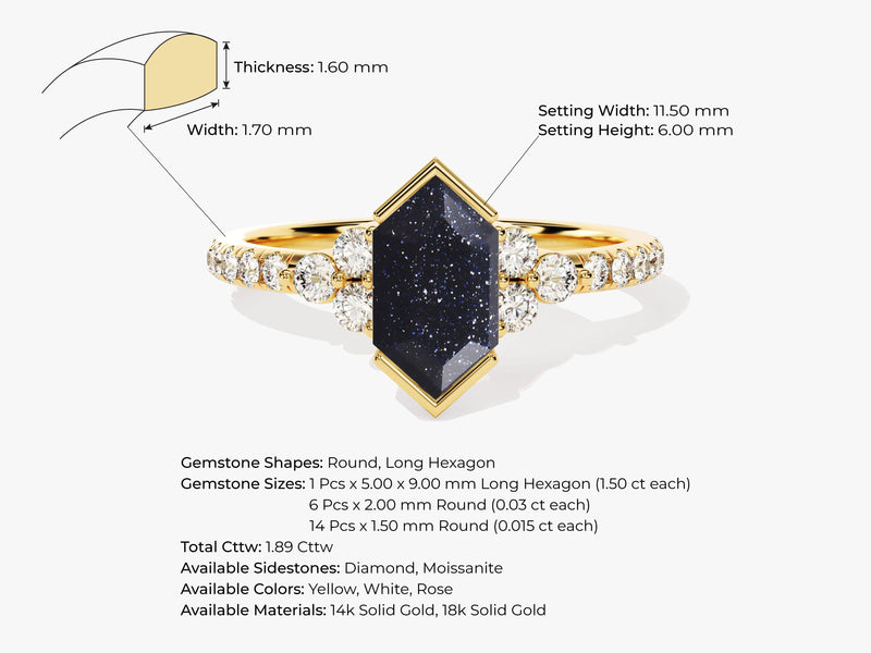Long Hexagon Blue Sandstone Engagement Ring with Pave Set Moissanite Sidestones.