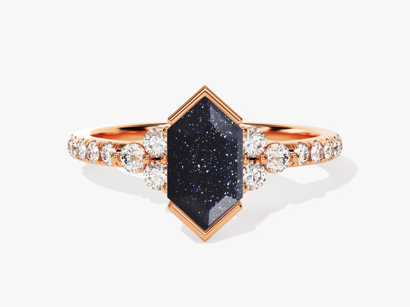 Long Hexagon Blue Sandstone Engagement Ring with Pave Set Moissanite Sidestones.