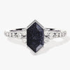 Long Hexagon Blue Sandstone Engagement Ring with Pave Set Moissanite Sidestones.