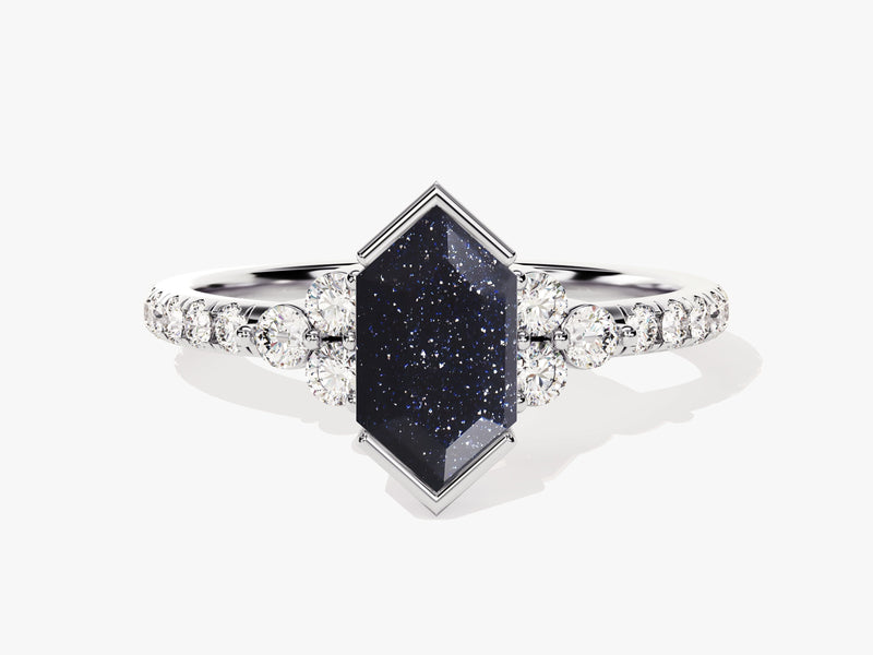 Long Hexagon Blue Sandstone Engagement Ring with Pave Set Moissanite Sidestones.