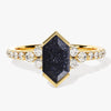 Long Hexagon Blue Sandstone Engagement Ring with Pave Set Moissanite Sidestones.