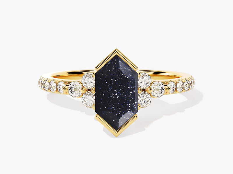 Long Hexagon Blue Sandstone Engagement Ring with Pave Set Moissanite Sidestones.