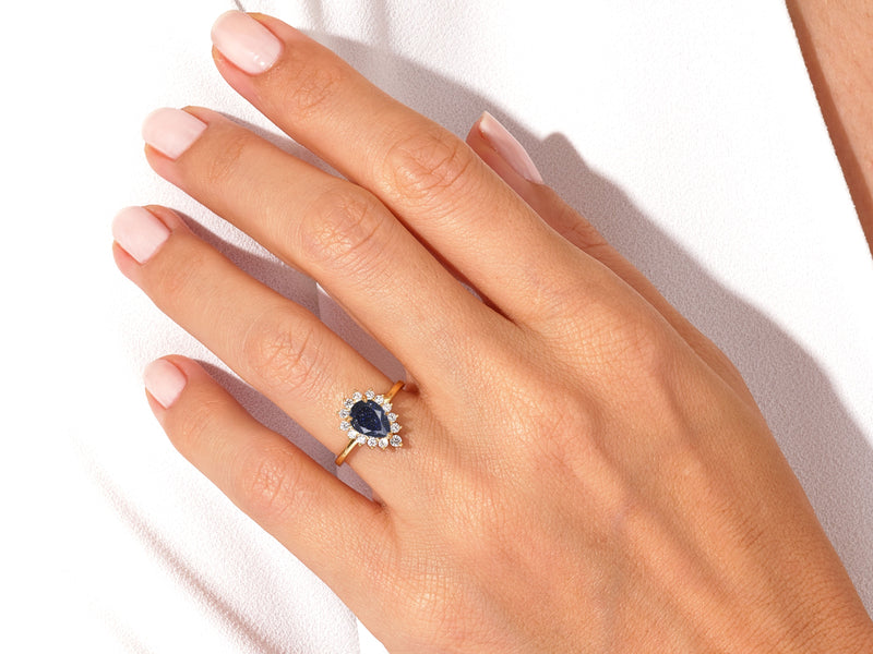 Pear Blue Sandstone Engagement Ring with Moissanite Halo.