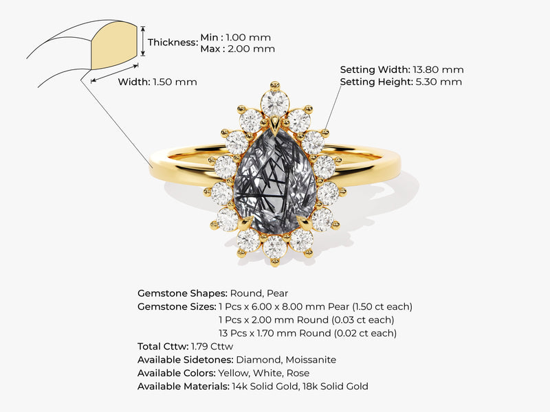 Pear Black Rutilated Quartz Engagement Ring with Moissanite Halo.