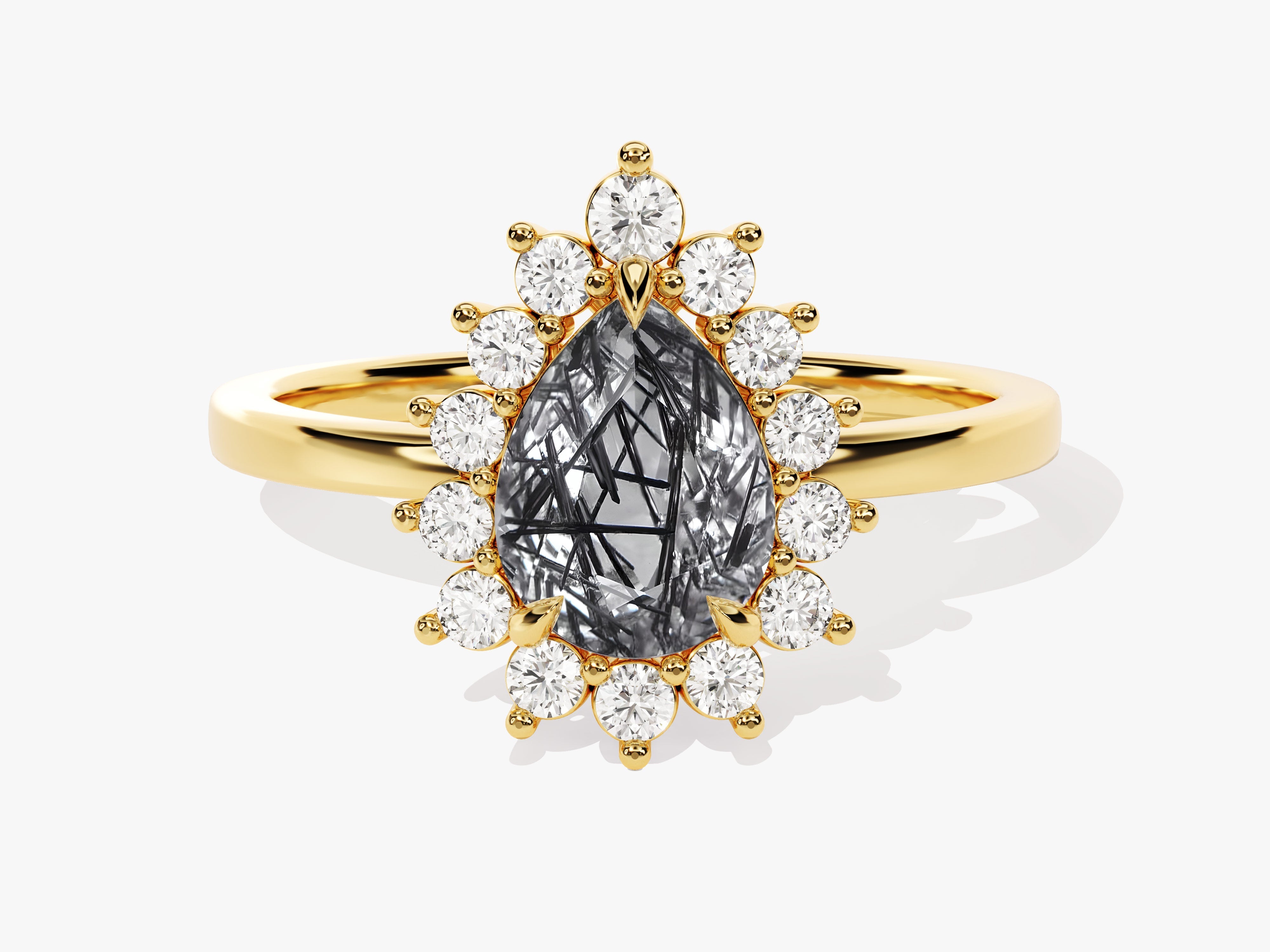 Pear Black Rutilated Quartz Engagement Ring with Moissanite Halo.