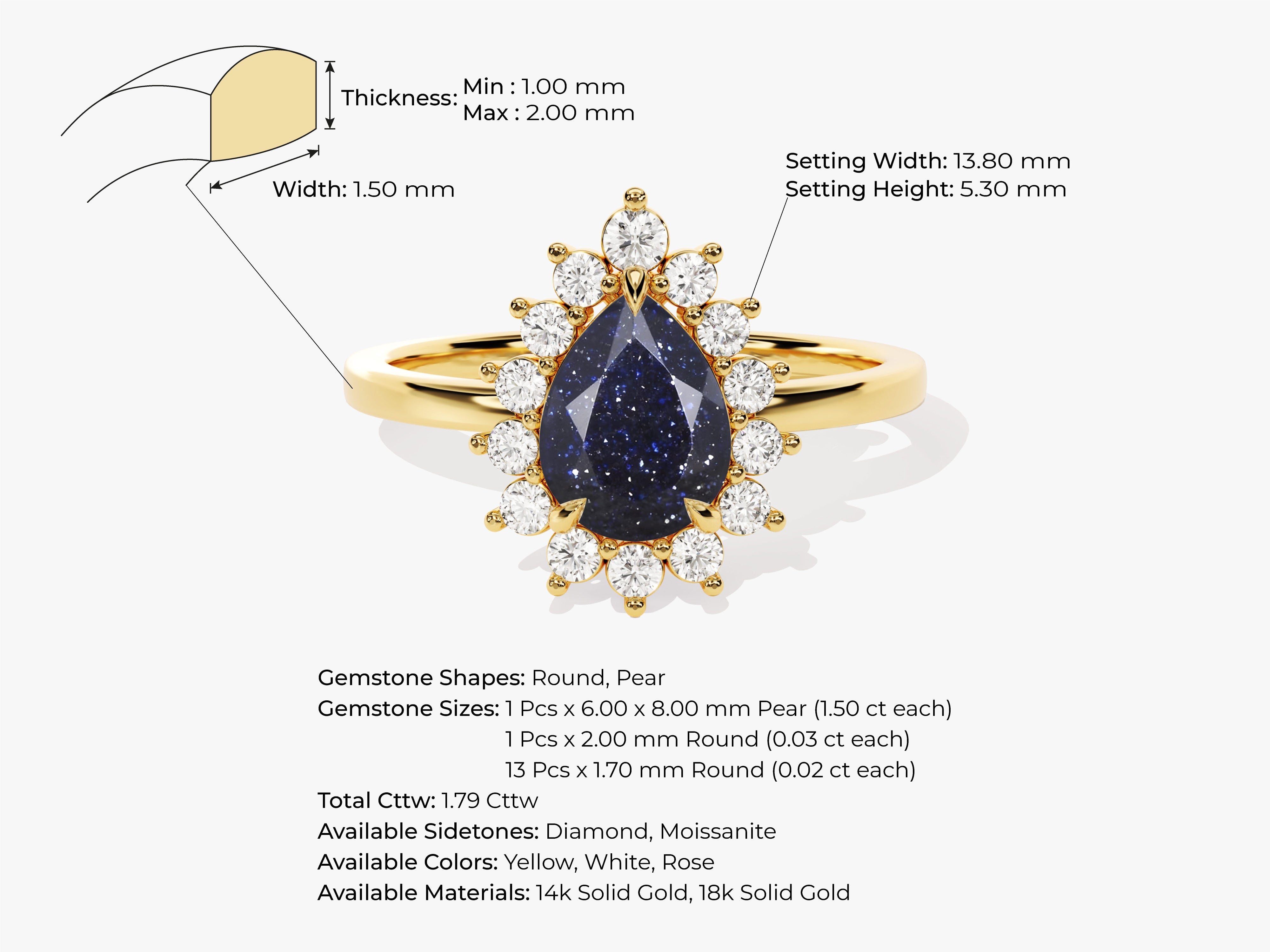 Pear Blue Sandstone Engagement Ring with Moissanite Halo.