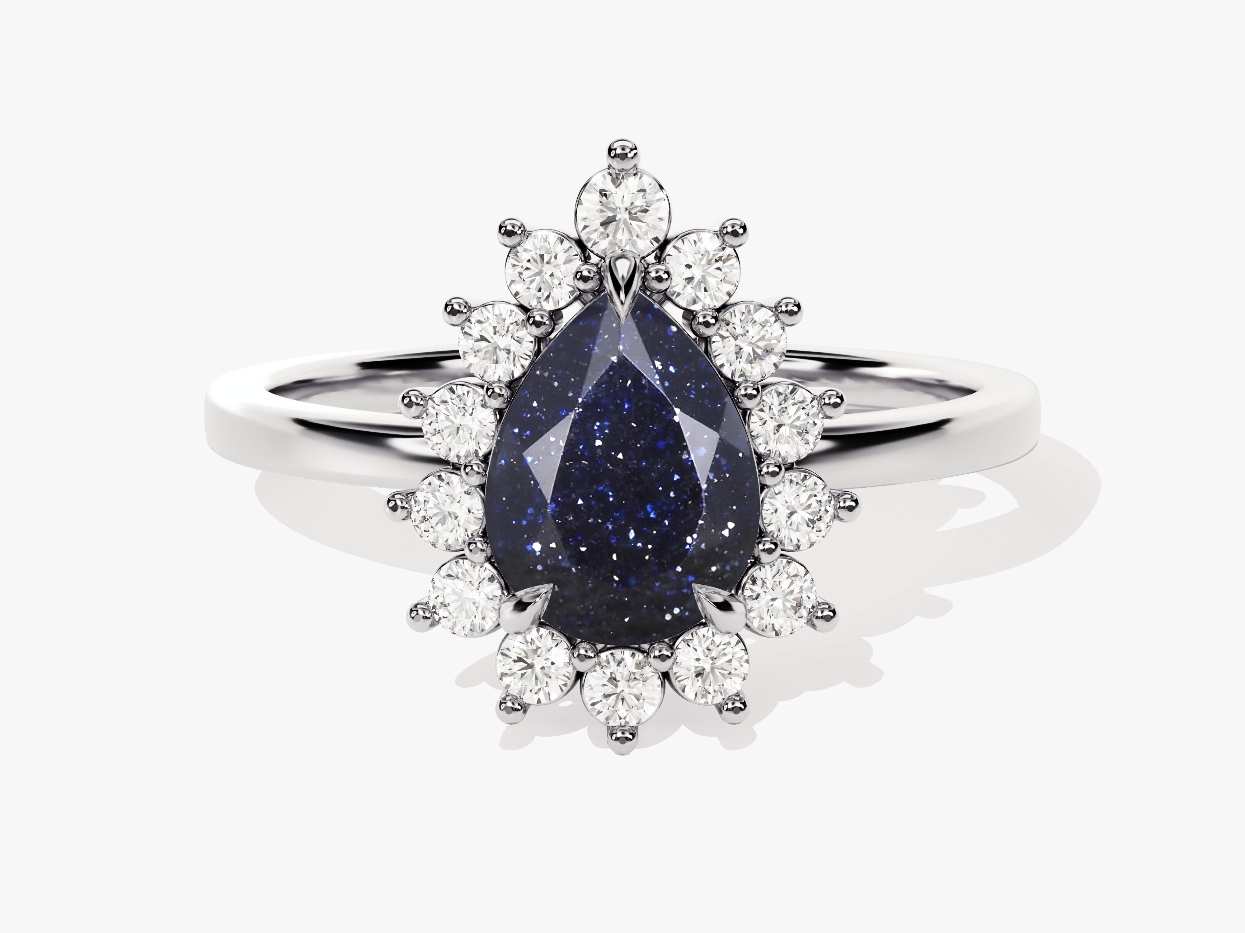 Pear Blue Sandstone Engagement Ring with Moissanite Halo.