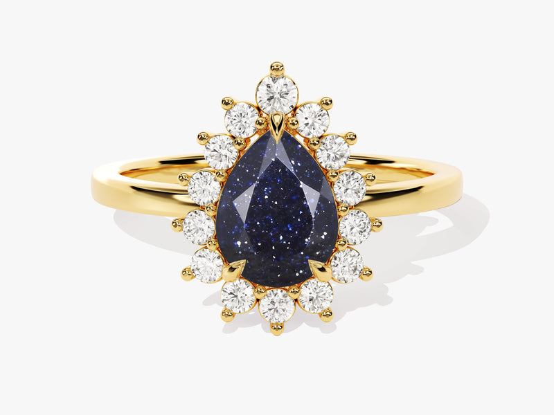 Pear Blue Sandstone Engagement Ring with Moissanite Halo.