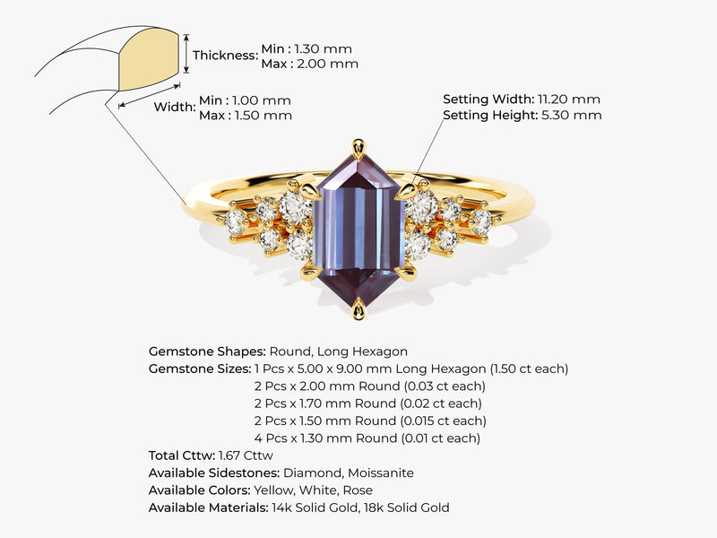 Long Hexagon Lab Alexandrite Engagement Ring with Moissanite Cluster